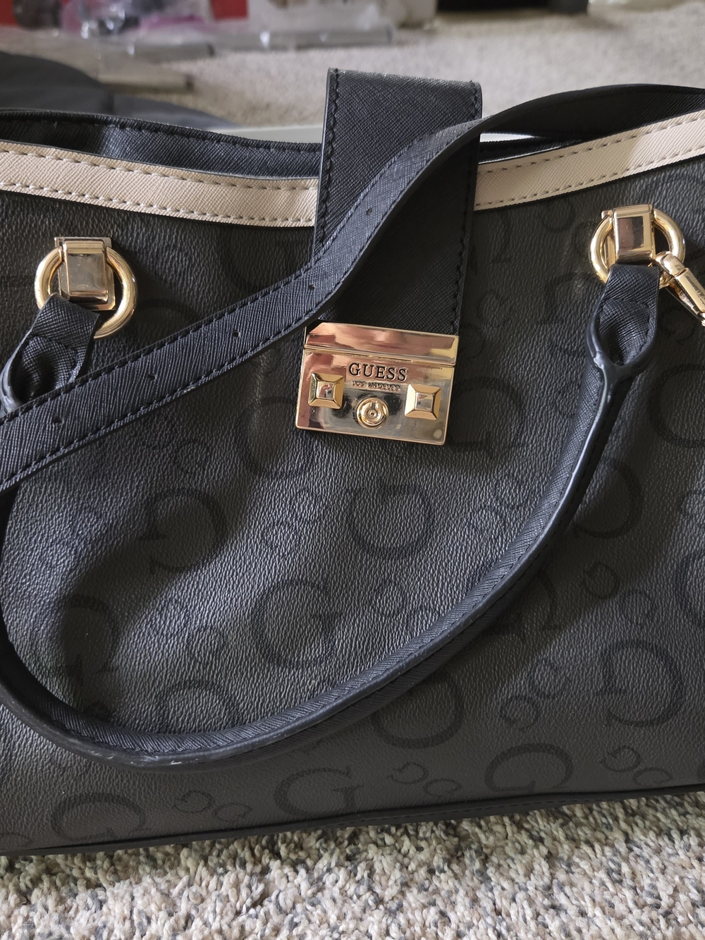 GUESS Black Logo Satchel with Cream Trim and Gold Hardware